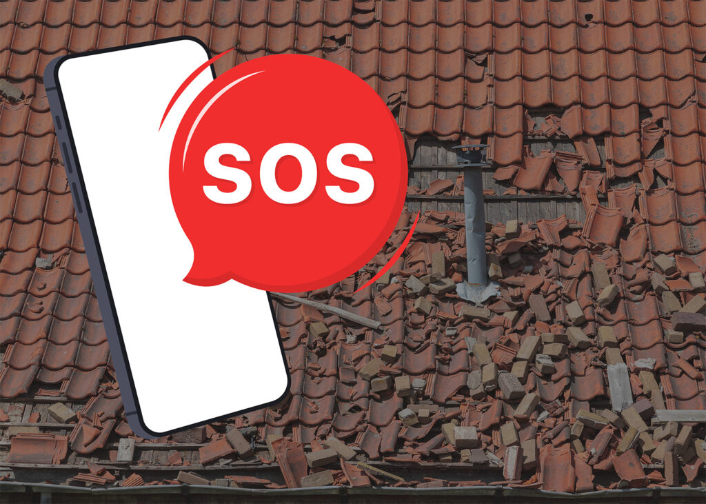 Ein illustriertes Telefon mit SOS-Hinweis ist vor einem von Sturmschäden geprägten Dach abgebildet